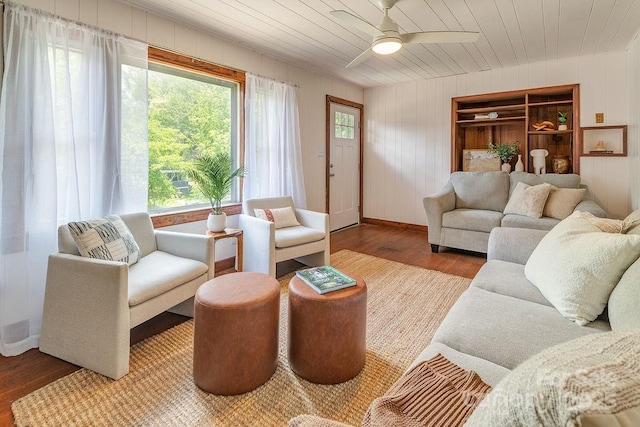 28 Robindale Ave, Asheville, NC 28801 - living area with wood finished floors, ceiling fan, baseboards, wooden ceiling, and wooden walls