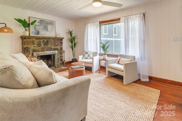28 Robindale Ave, Asheville, NC 28801 - living area featuring baseboards, wood finished floors, a fireplace, ceiling fan, and wood ceiling