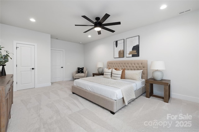 carpeted bedroom featuring ceiling fan