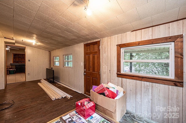 interior space featuring wood-type flooring and wooden walls