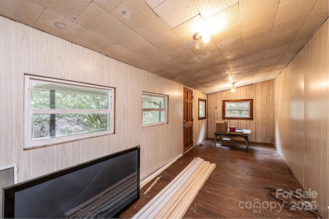 hallway featuring vaulted ceiling and dark hardwood / wood-style floors