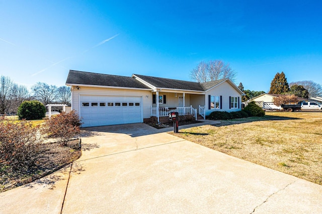 single story home featuring a garage, a front yard, and a porch