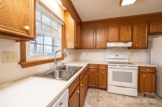 kitchen with sink, white appliances, and a textured ceiling