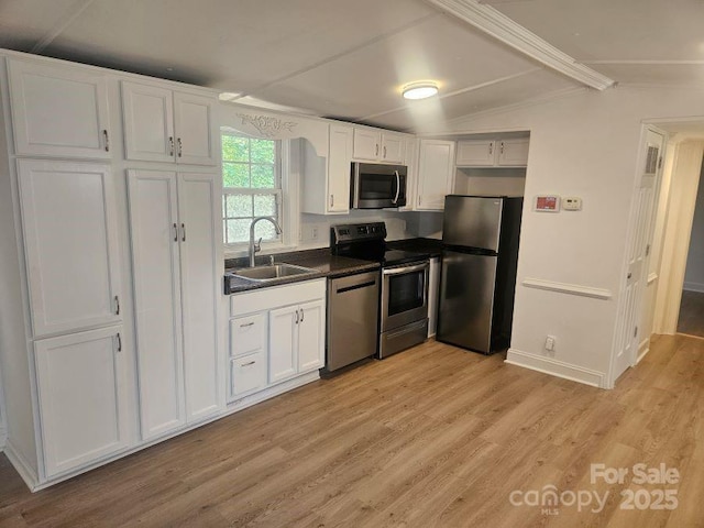 kitchen featuring sink, stainless steel appliances, white cabinetry, and light wood-type flooring