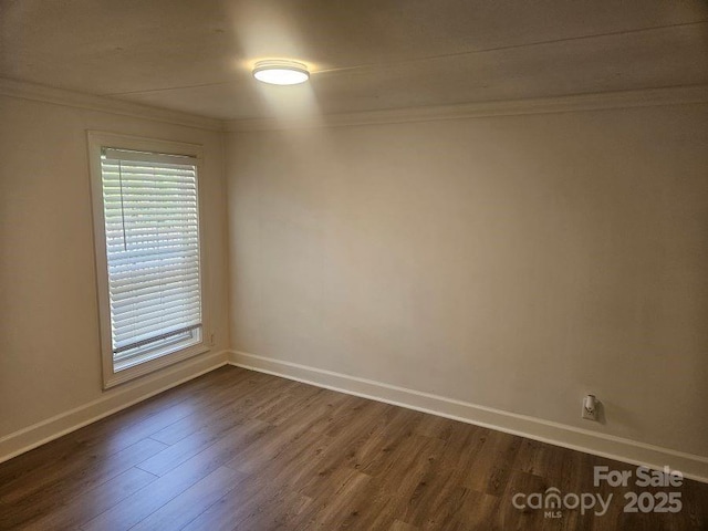 spare room with ornamental molding and dark hardwood / wood-style flooring