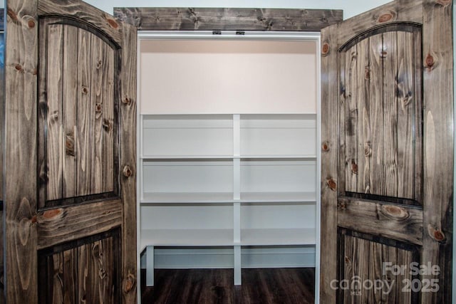 walk in closet with dark hardwood / wood-style floors