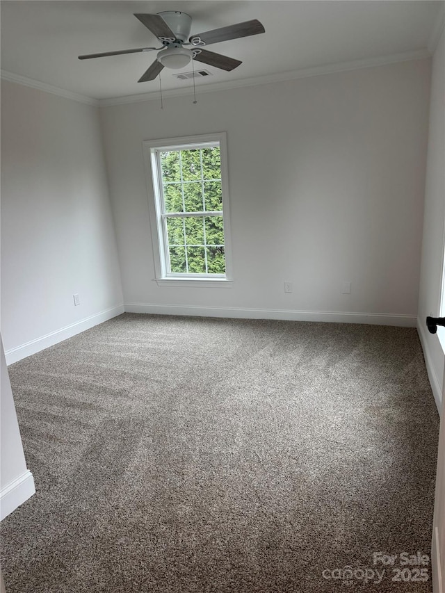 empty room with carpet floors, ornamental molding, and ceiling fan