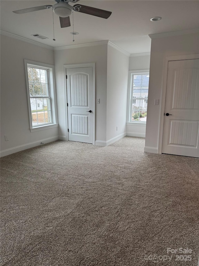 carpeted spare room with ceiling fan, plenty of natural light, and ornamental molding