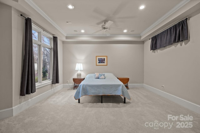 carpeted bedroom featuring ornamental molding, recessed lighting, and baseboards