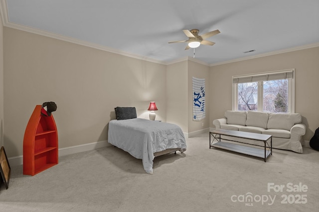 bedroom featuring baseboards, visible vents, ceiling fan, ornamental molding, and carpet