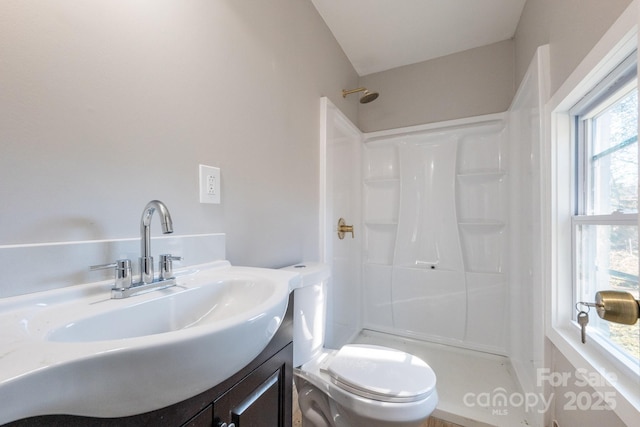 bathroom featuring walk in shower, vanity, and toilet