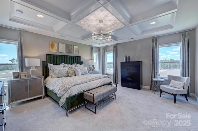 bedroom with baseboards, coffered ceiling, light colored carpet, beamed ceiling, and an inviting chandelier