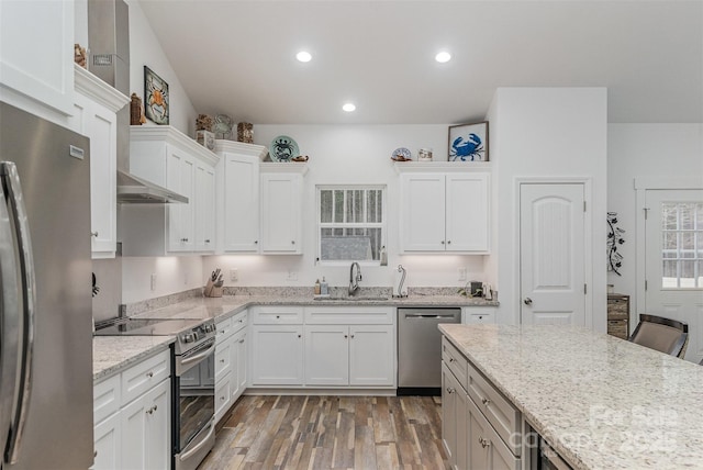 kitchen featuring a sink, stainless steel appliances, wood finished floors, and white cabinetry