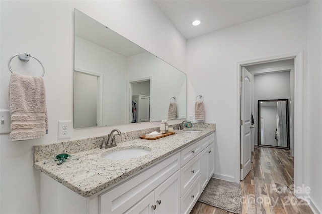 bathroom with double vanity, wood finished floors, baseboards, and a sink