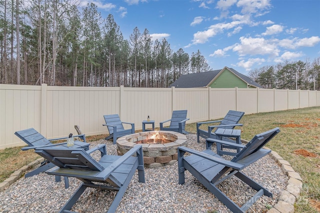 view of patio / terrace with a fenced backyard and an outdoor fire pit