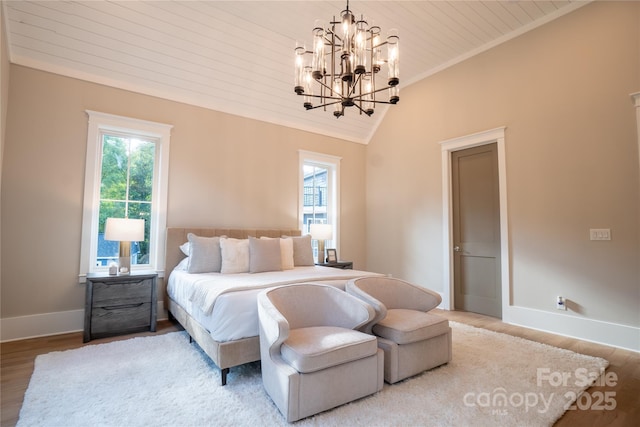 bedroom featuring an inviting chandelier, lofted ceiling, wood ceiling, and light wood-type flooring