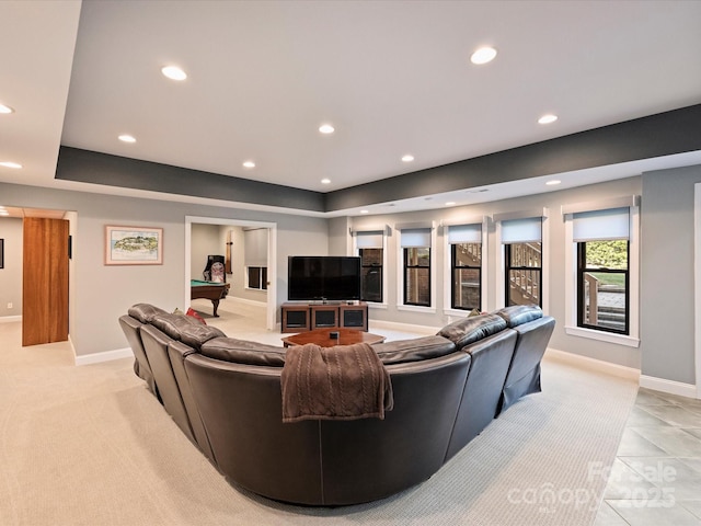 living room featuring billiards, baseboards, a raised ceiling, and recessed lighting