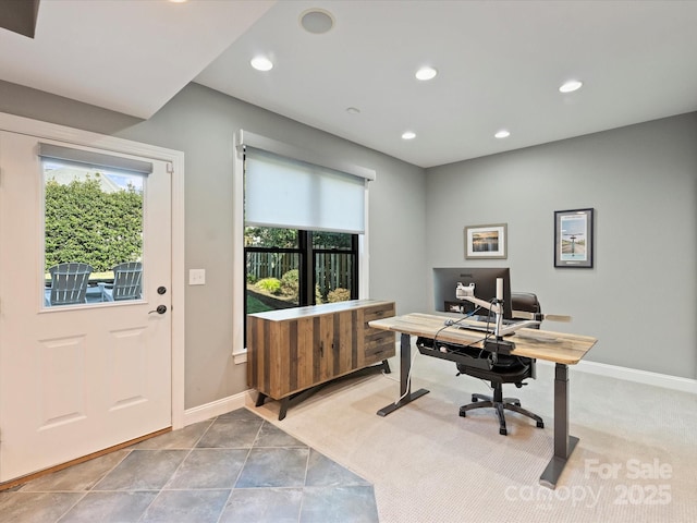 office area with baseboards and recessed lighting