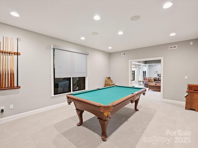 rec room with recessed lighting, visible vents, baseboards, and light colored carpet