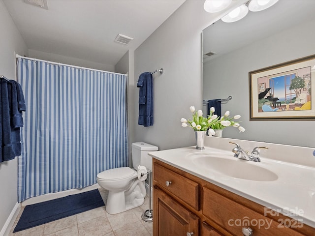 bathroom featuring toilet, tile patterned flooring, visible vents, and vanity