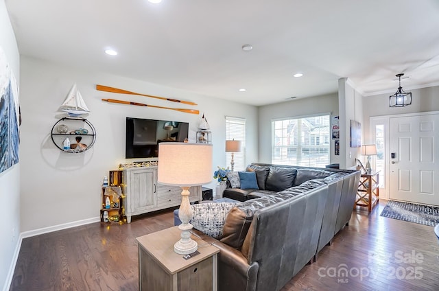 living room with dark wood-type flooring