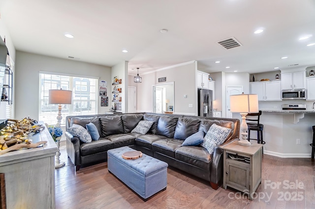 living room featuring dark hardwood / wood-style floors and crown molding