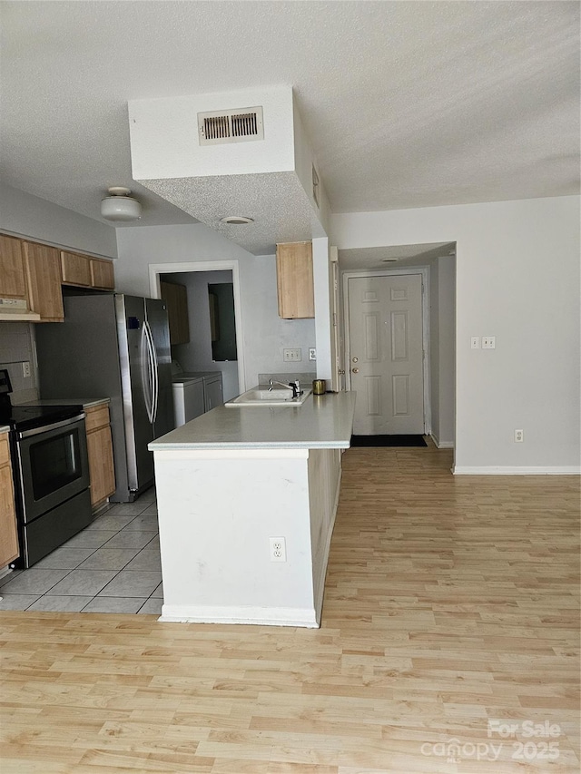 kitchen with electric stove, visible vents, a sink, independent washer and dryer, and a peninsula