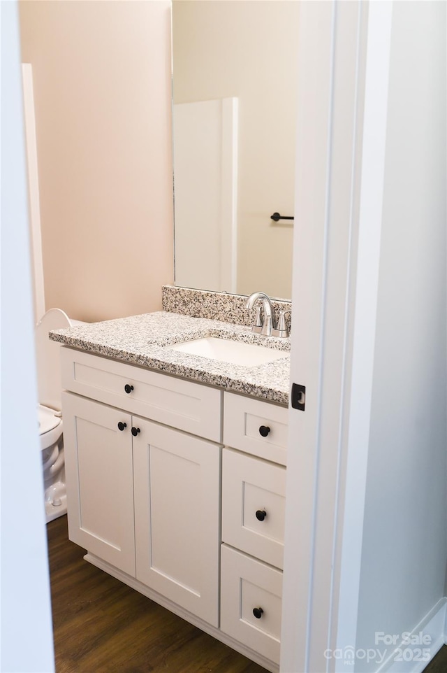 bathroom with vanity, toilet, and wood finished floors