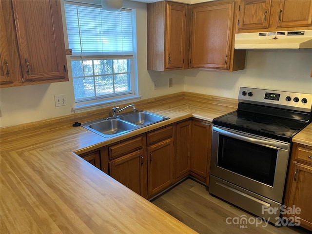 kitchen featuring stainless steel electric stove and sink