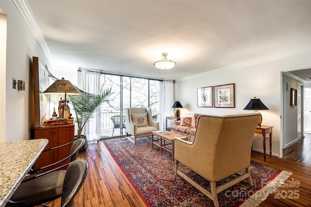 living room with dark wood-type flooring, a wall of windows, and ornamental molding