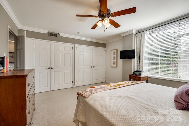 bedroom with multiple closets, ceiling fan, ornamental molding, and light carpet