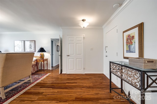 hallway featuring crown molding and dark wood-type flooring