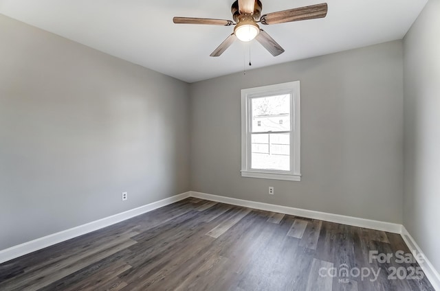 empty room featuring ceiling fan and dark wood-type flooring