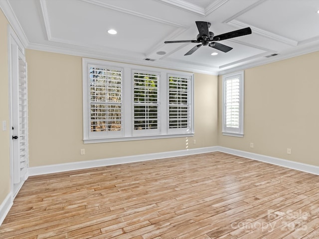 spare room with ornamental molding, coffered ceiling, beam ceiling, and light hardwood / wood-style flooring