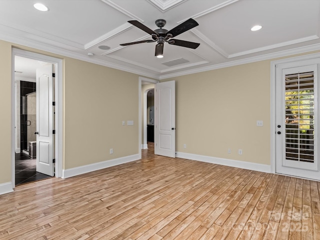 empty room with coffered ceiling, crown molding, ceiling fan, and light wood-type flooring