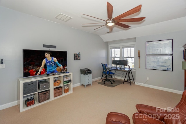 office with lofted ceiling, carpet, visible vents, and baseboards