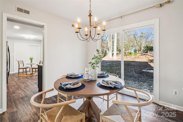 dining area with an inviting chandelier and wood-type flooring