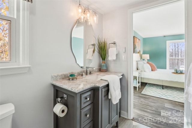 bathroom with vanity, a notable chandelier, wood-type flooring, and toilet