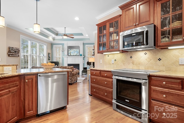 kitchen with light stone counters, ornamental molding, stainless steel appliances, and a raised ceiling