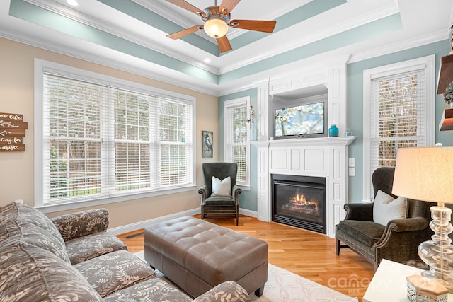 living room with crown molding, a raised ceiling, and a healthy amount of sunlight