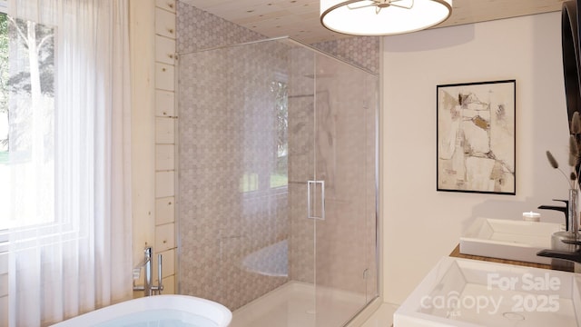 bathroom with a shower with shower door, vanity, and wood ceiling