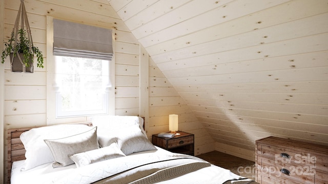 bedroom featuring wood walls and vaulted ceiling