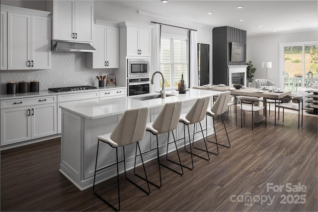 kitchen with sink, white cabinetry, stainless steel appliances, and an island with sink