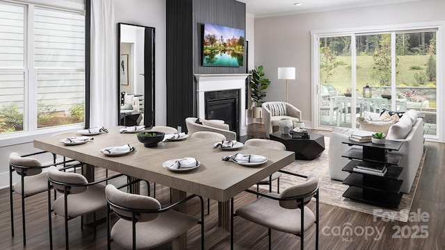 dining room with dark wood-type flooring and ornamental molding