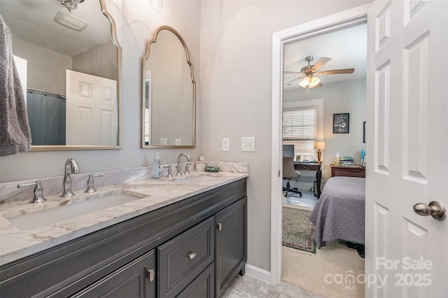 bathroom featuring vanity and ceiling fan