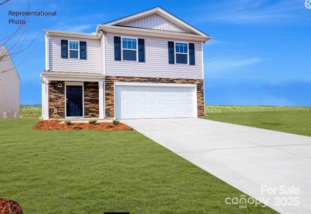 view of front facade with a front lawn and a garage