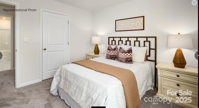 bedroom featuring light carpet