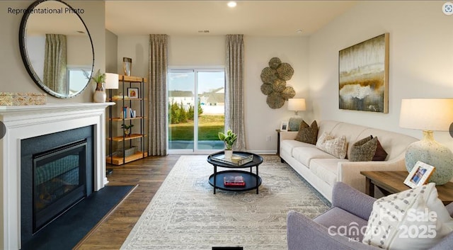 living room with dark hardwood / wood-style flooring