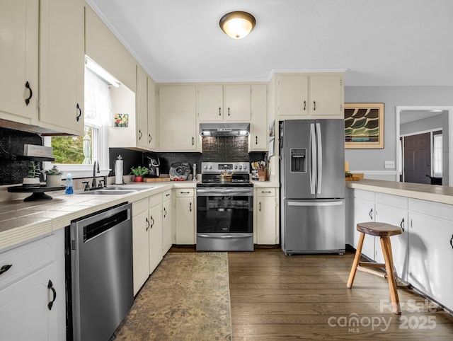 kitchen featuring tasteful backsplash, sink, exhaust hood, stainless steel appliances, and cream cabinetry