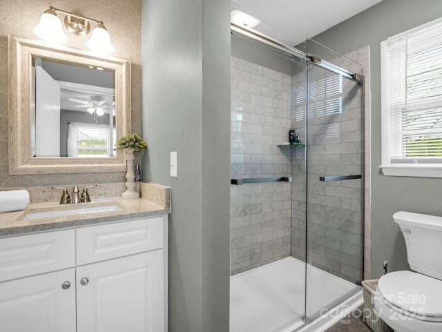 bathroom with vanity, an enclosed shower, and toilet